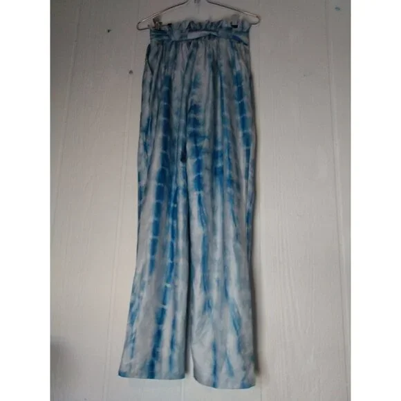 Grace Karin Womens Sz S Tie Dye Blue Paper Bag High Waist Cropped Pants Belt NWT - Picture 3 of 6